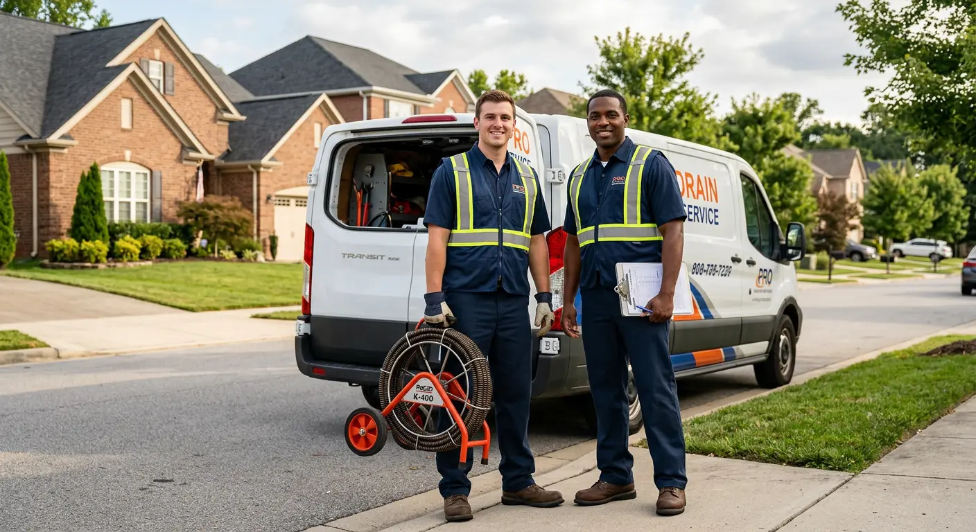 Sewer and drain service team with equipment ready for work in Turner