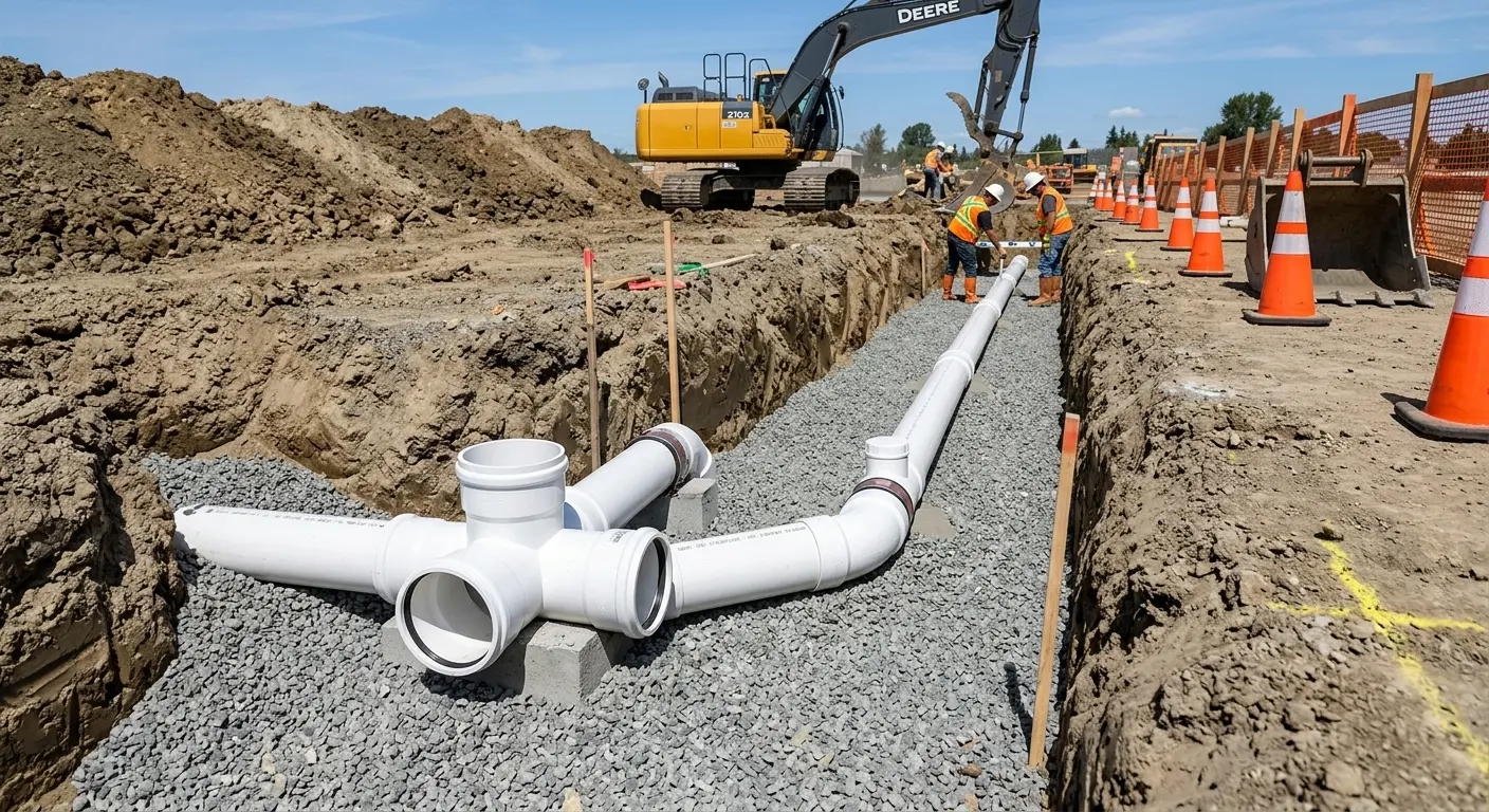 New PVC sewer pipe installation in open trench for Sewer Backup in Turner