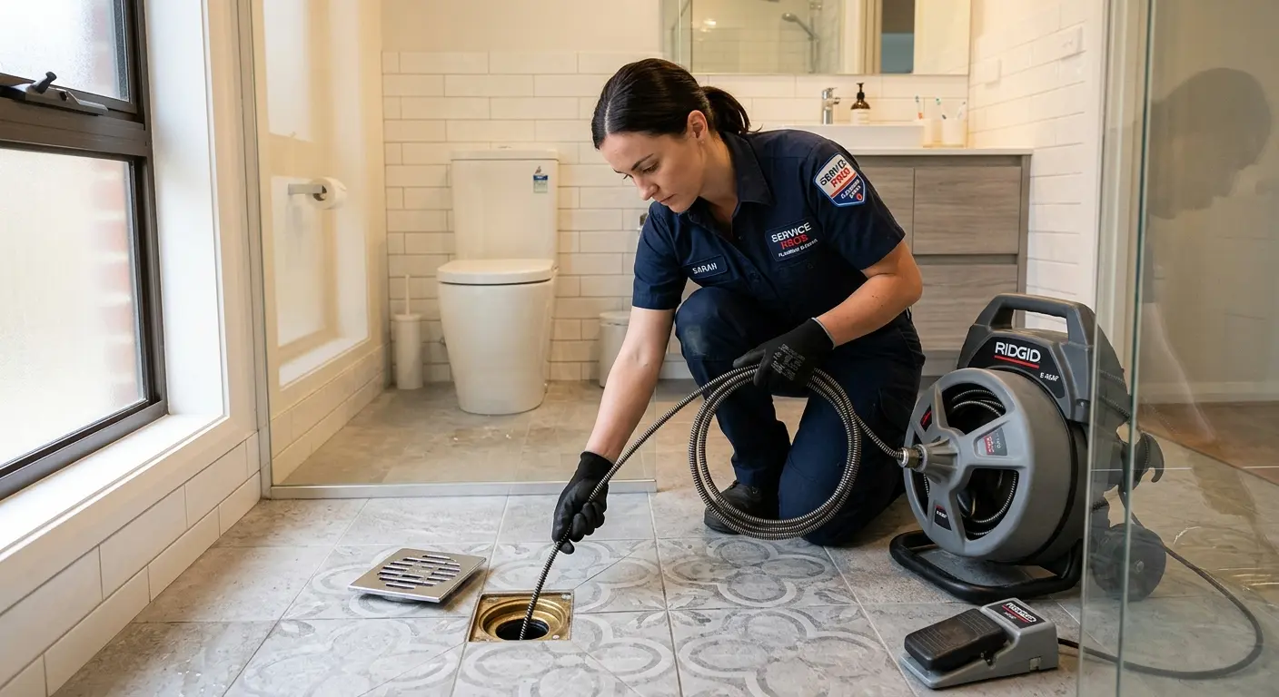 Technician clearing a bathroom floor drain for Sewer Line Replacement in Turner